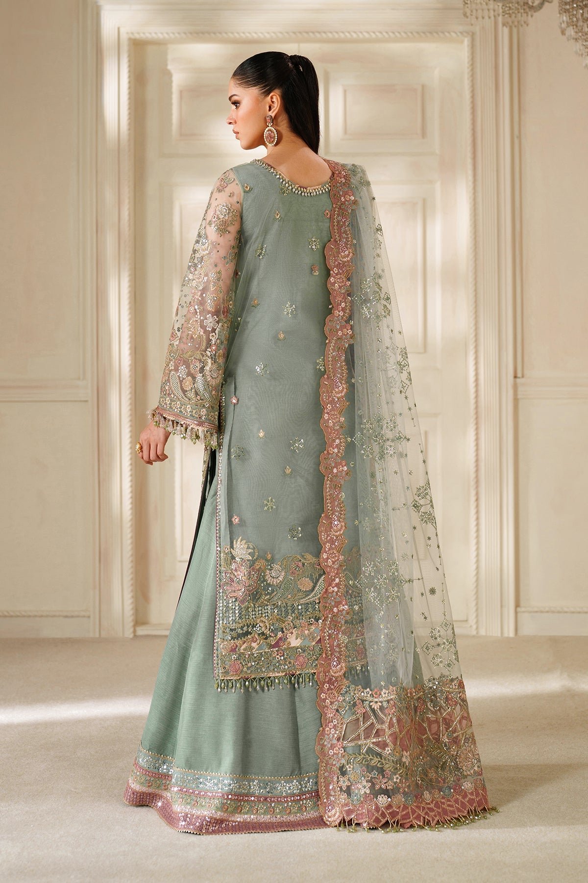 Baroque Luxury Embroidered Organza Party Wear Suit – Dupatta & Border Detailing Baroque Luxury Embroidered Organza Party Wear Suit - Four-Sided Embroidered Dupatta & Pallu Border | IQNAZ