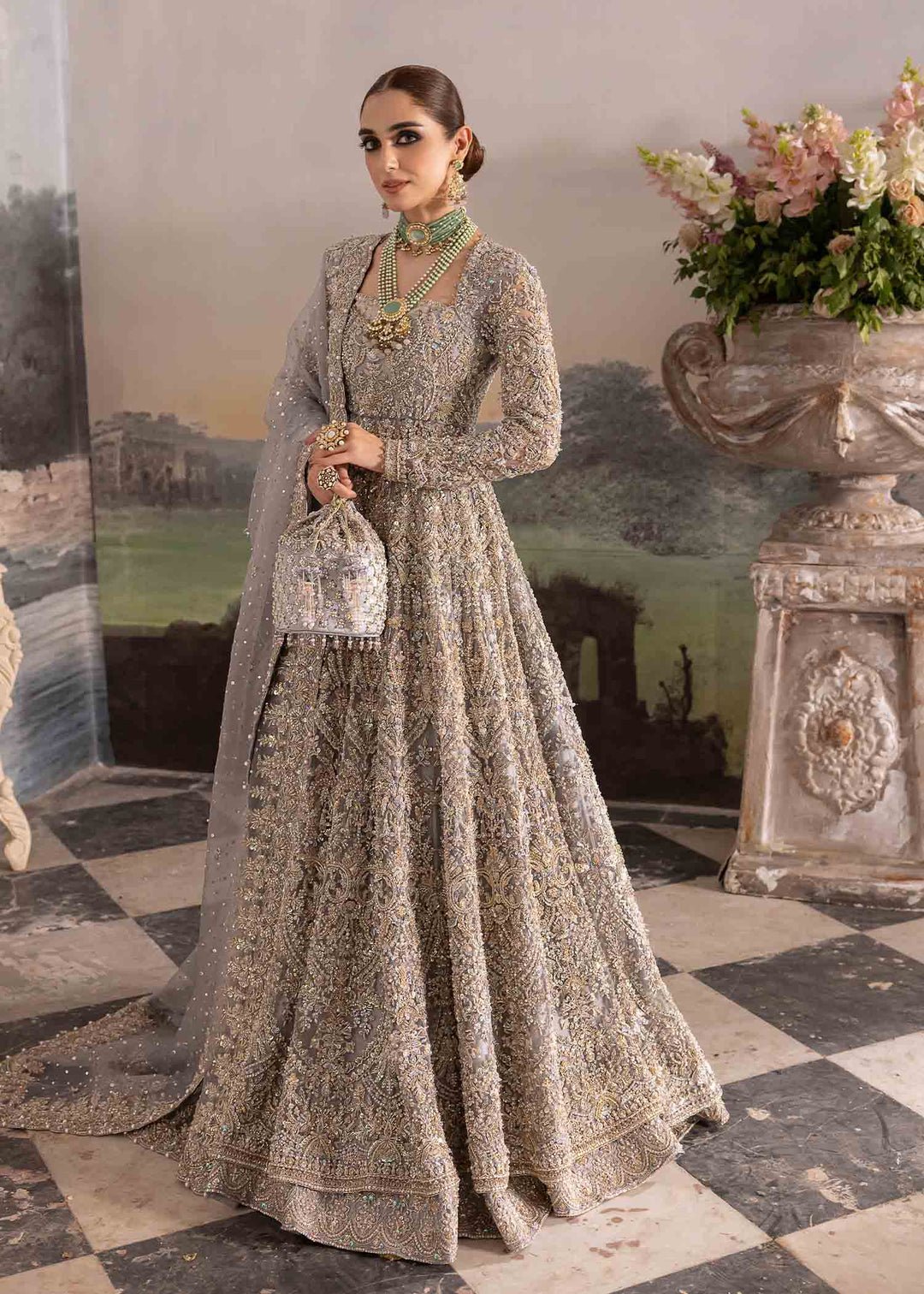 Kanwal Malik Hand Embellished Organza Party Wear Suit - Model Front Look | Pakistani Designer Replica Wholesale | IQNAZ