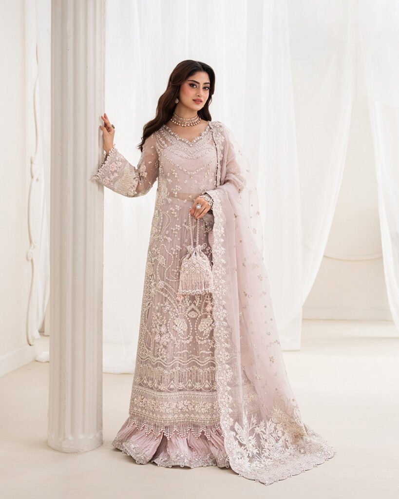 Faiza Saqlain Ela Hand Embellished Organza Party Wear Gharara - Model Front Look | Pakistani Designer Replica Wholesale | IQNAZ