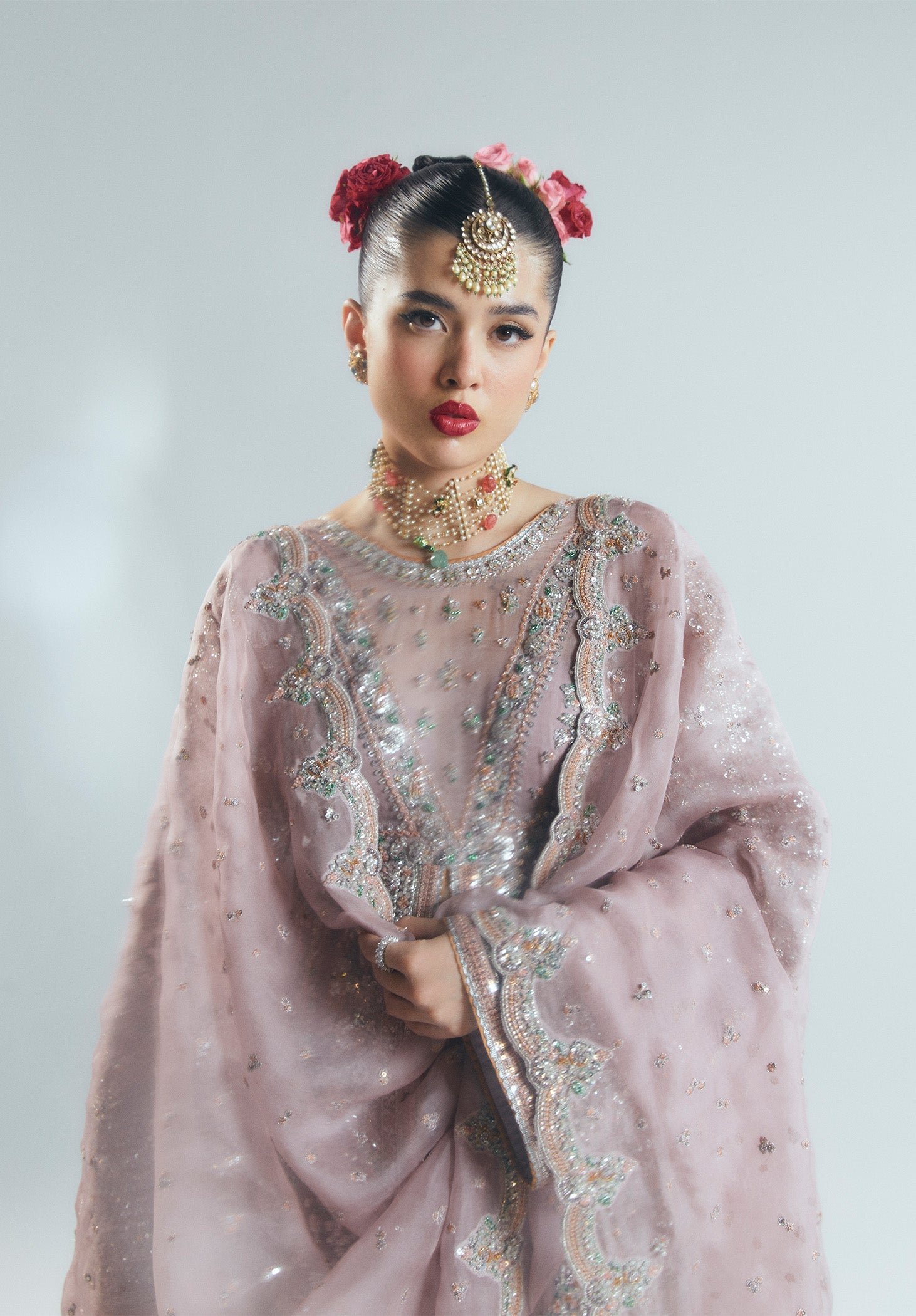 Faiza Saqlain Rosabelle Hand Embellished Organza Party Wear Suit - Embroidered Back & Daman Silhouette Detailing | IQNAZ