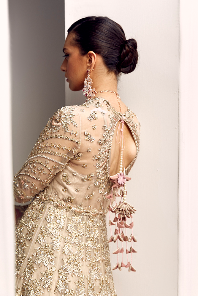 Suffuse Iris Couture Alena Hand Embellished Organza Bridal Lehenga - Matching Bottom & Trouser Fabric Details | IQNAZ
