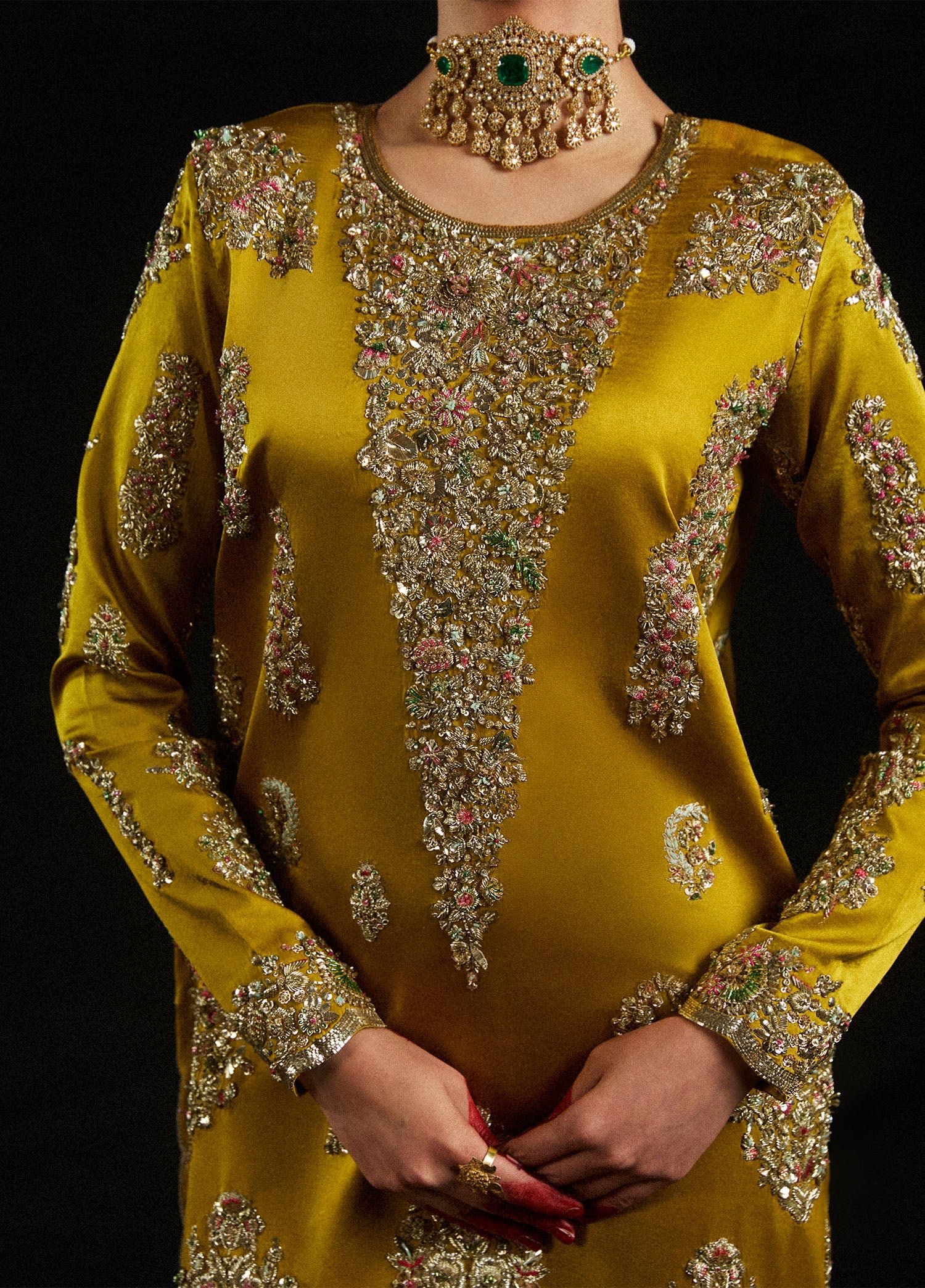 Hussain Rehar Sandali Embroidered Silk Party Wear Suit - Close-Up Hand Embellishment Tilla & Pearl Work | IQNAZ