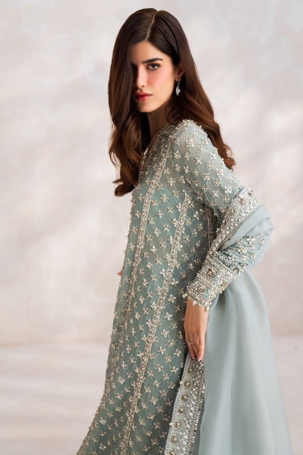 Elan Hand Embellished Organza Party Wear Gharara – Embroidery & Handwork Detail Elan Hand Embellished Organza Party Wear Gharara - Close-Up Hand Embellishment Tilla & Pearl Work | IQNAZ