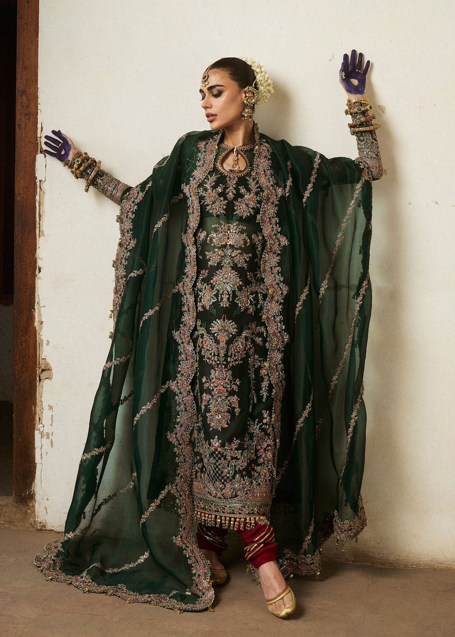 Hussain Rehar Jamali Embroidered Organza Party Wear Suit - Embroidered Back & Daman Silhouette Detailing | IQNAZ