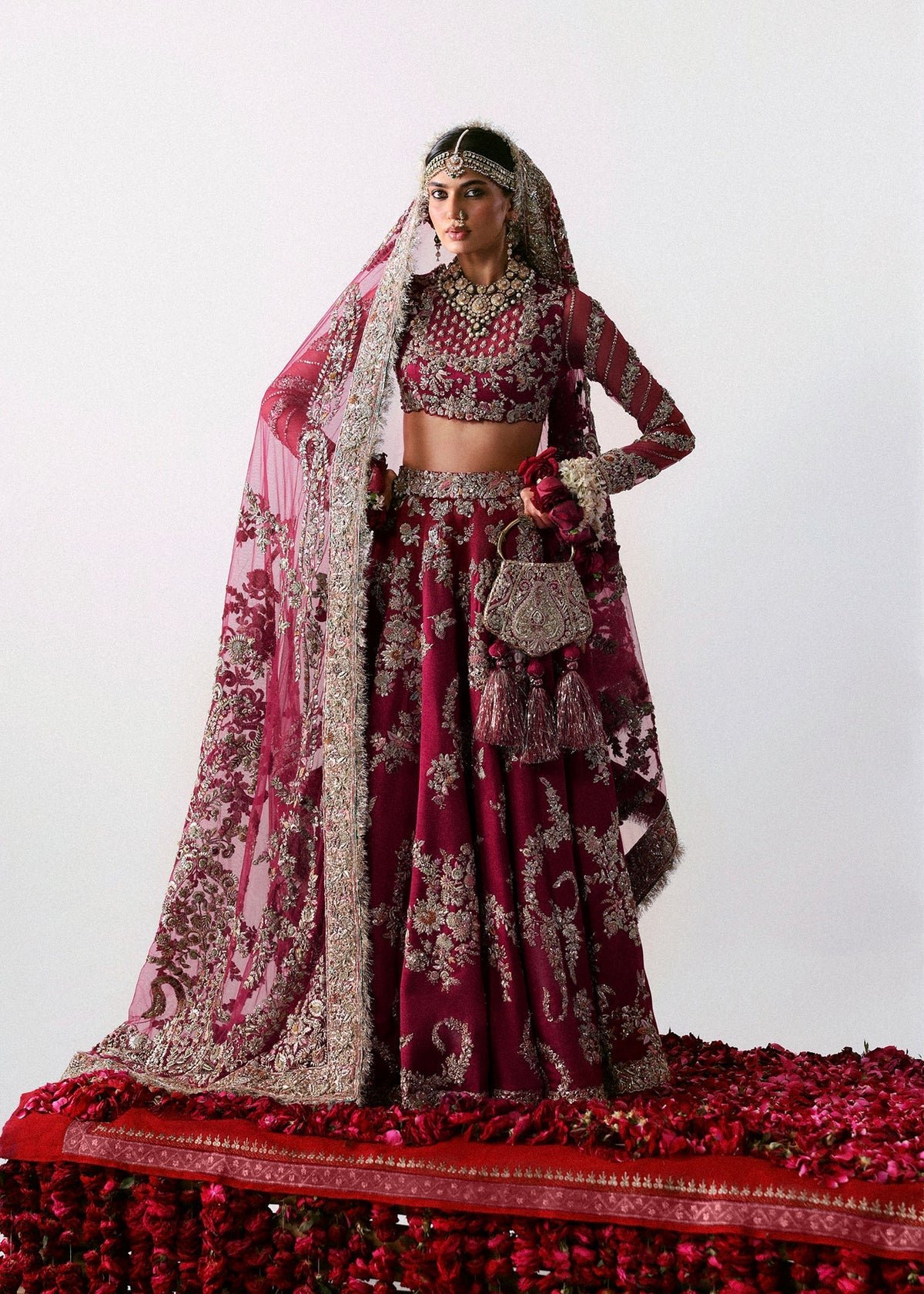 Hussain Rehar Hand Embellished Net Party Wear Suit - Model Front Look | Pakistani Designer Replica Wholesale | IQNAZ