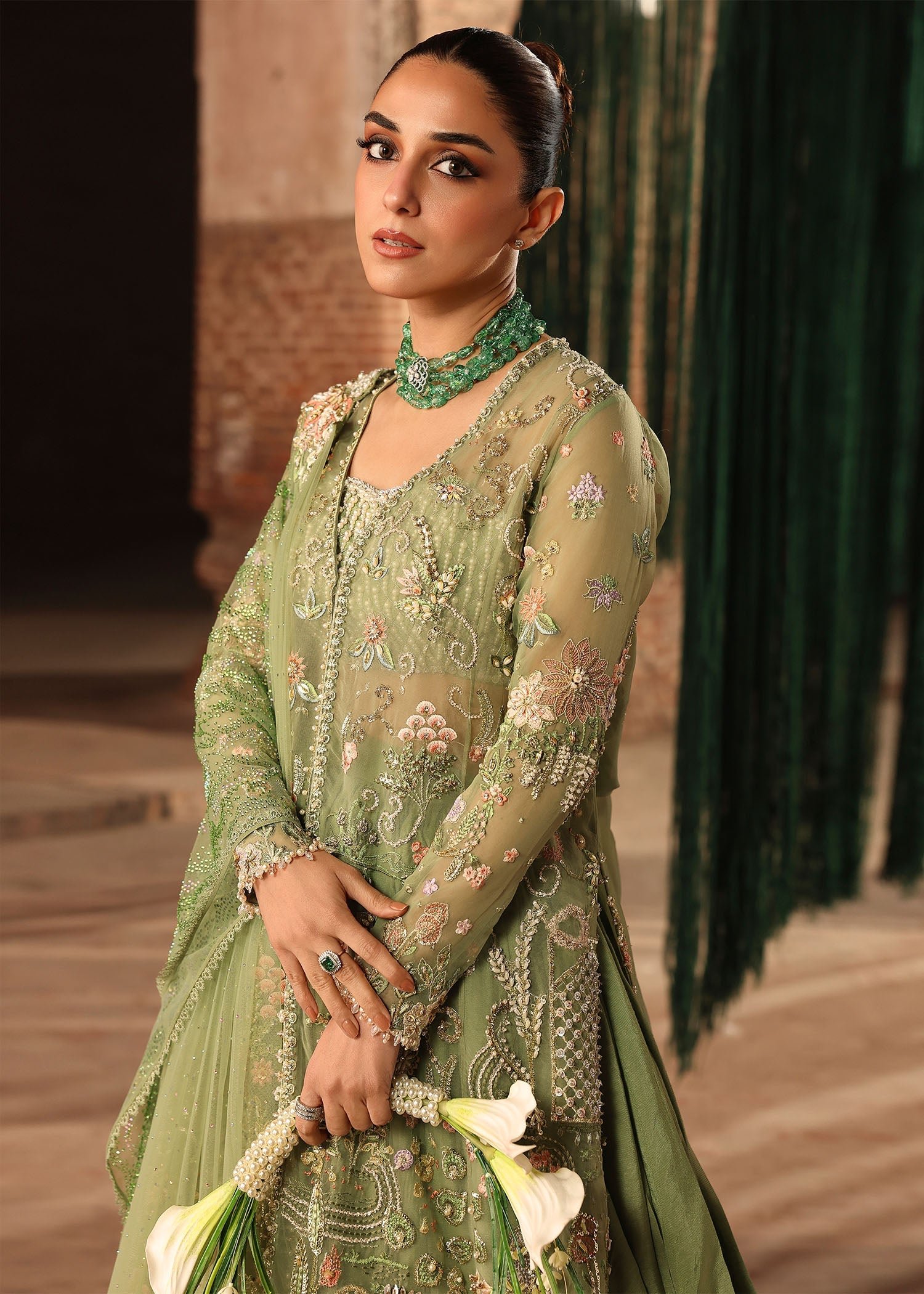 Crimson Matwali Hand Embellished Net Bridal Maxi - Four-Sided Embroidered Dupatta & Pallu Border | IQNAZ