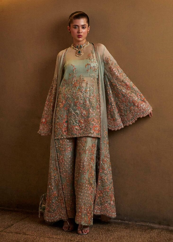 Hussain Rehar Hand Embellished Organza Party Wear Suit - Model Front Look | Pakistani Designer Replica Wholesale | IQNAZ