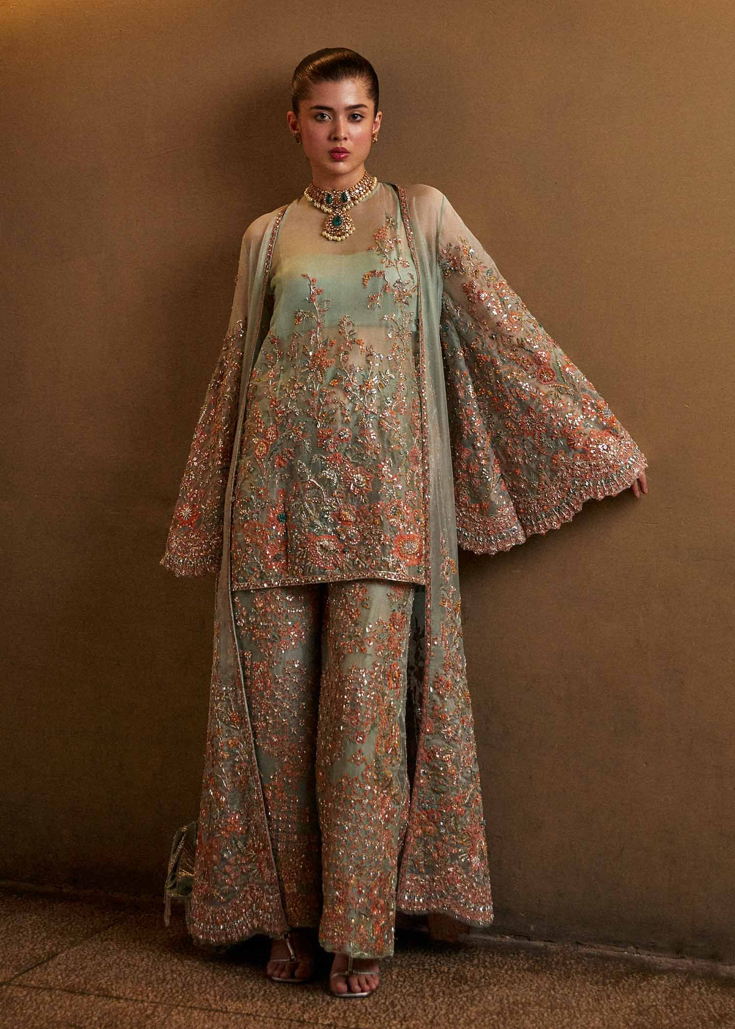 Hussain Rehar Hand Embellished Organza Party Wear Suit - Model Front Look | Pakistani Designer Replica Wholesale | IQNAZ