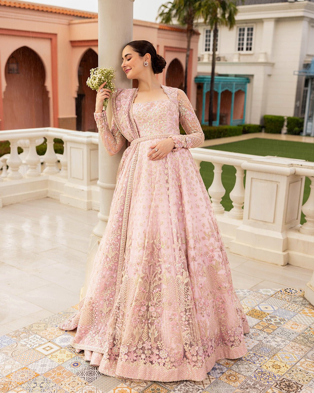 Faiza Saqlain Hand Embellished Silk Party Wear Suit – Model Front View Faiza Saqlain Hand Embellished Silk Party Wear Suit - Model Front Look | Pakistani Designer Replica Wholesale | IQNAZ