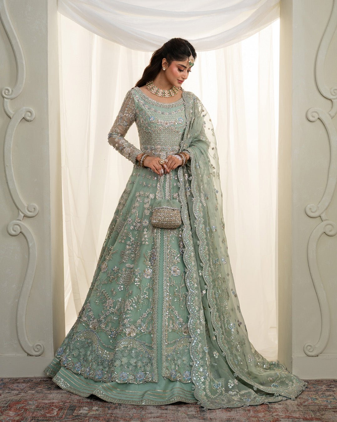 Faiza Saqlain Selin Hand Embellished Organza Party Wear Suit – Model Front View Faiza Saqlain Selin Hand Embellished Organza Party Wear Suit - Model Front Look | Pakistani Designer Replica Wholesale | IQNAZ
