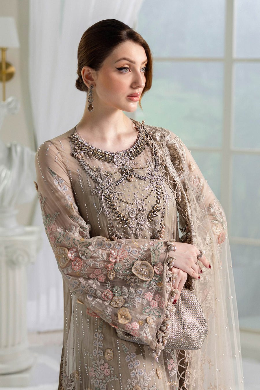 Maria B Embroidered Chiffon Party Wear Suit - Four-Sided Embroidered Dupatta & Pallu Border | IQNAZ