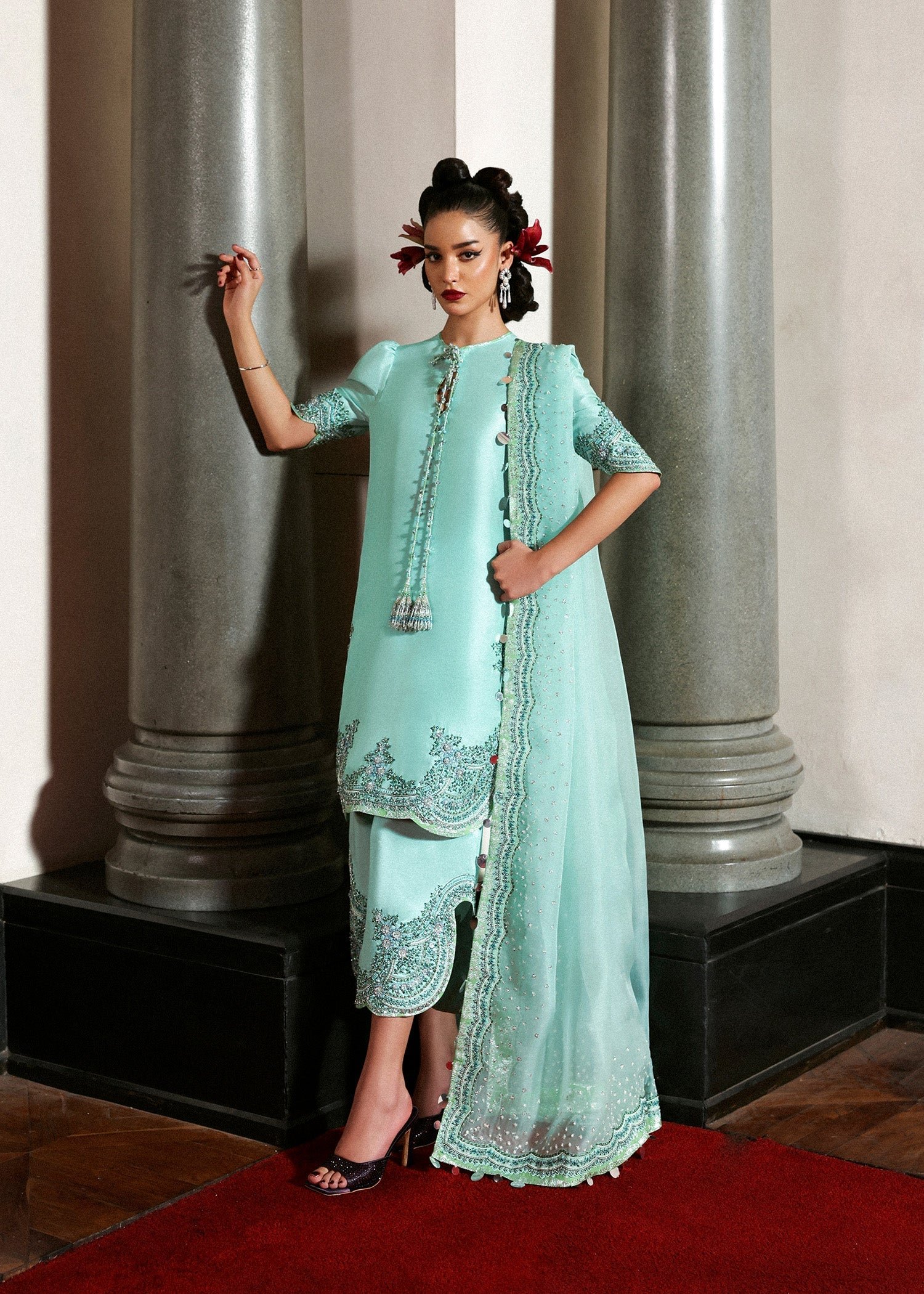 Hussain Rehar Embroidered Organza Party Wear Suit - Model Front Look | Pakistani Designer Replica Wholesale | IQNAZ