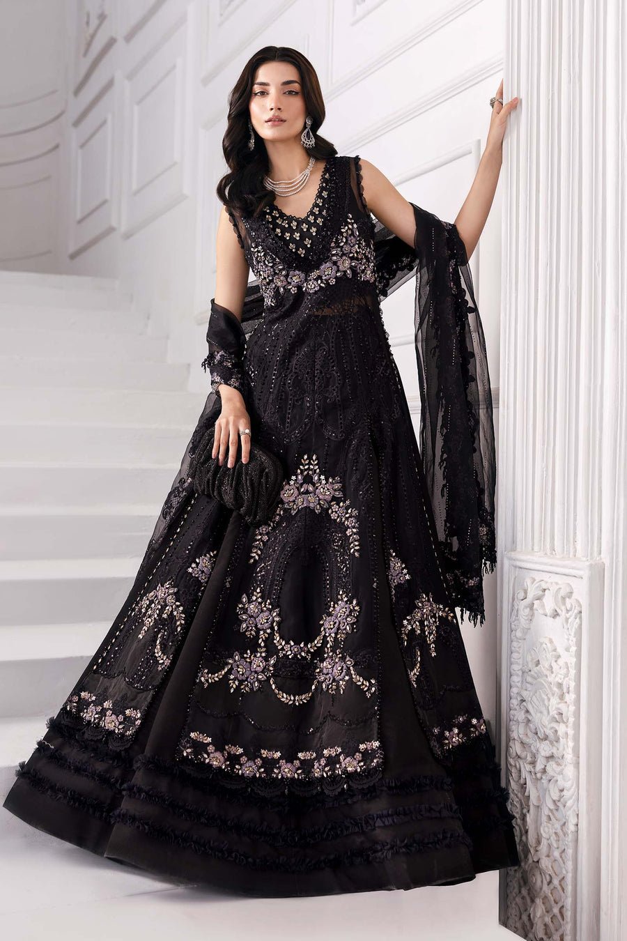 Maria B BD-3004 Hand Embellished Organza Party Wear Suit - Embroidered Back & Daman Silhouette Detailing | IQNAZ