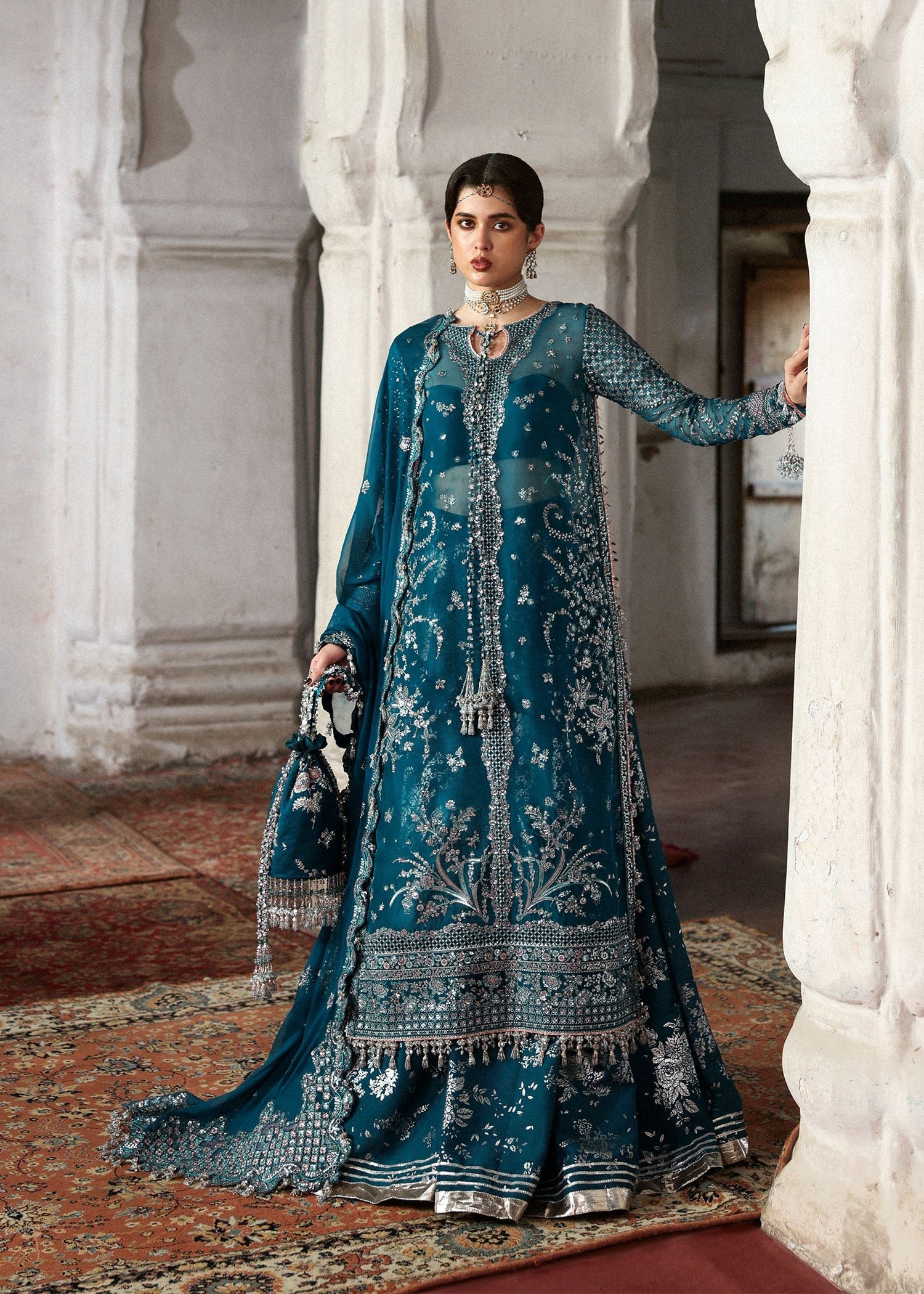 Hussain Rehar Embroidered Organza Party Wear Suit – Dupatta & Border Detailing Hussain Rehar Embroidered Organza Party Wear Suit - Four-Sided Embroidered Dupatta & Pallu Border | IQNAZ