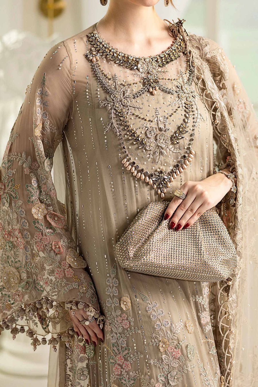 Maria B Embroidered Chiffon Party Wear Suit - Matching Bottom & Trouser Fabric Details | IQNAZ
