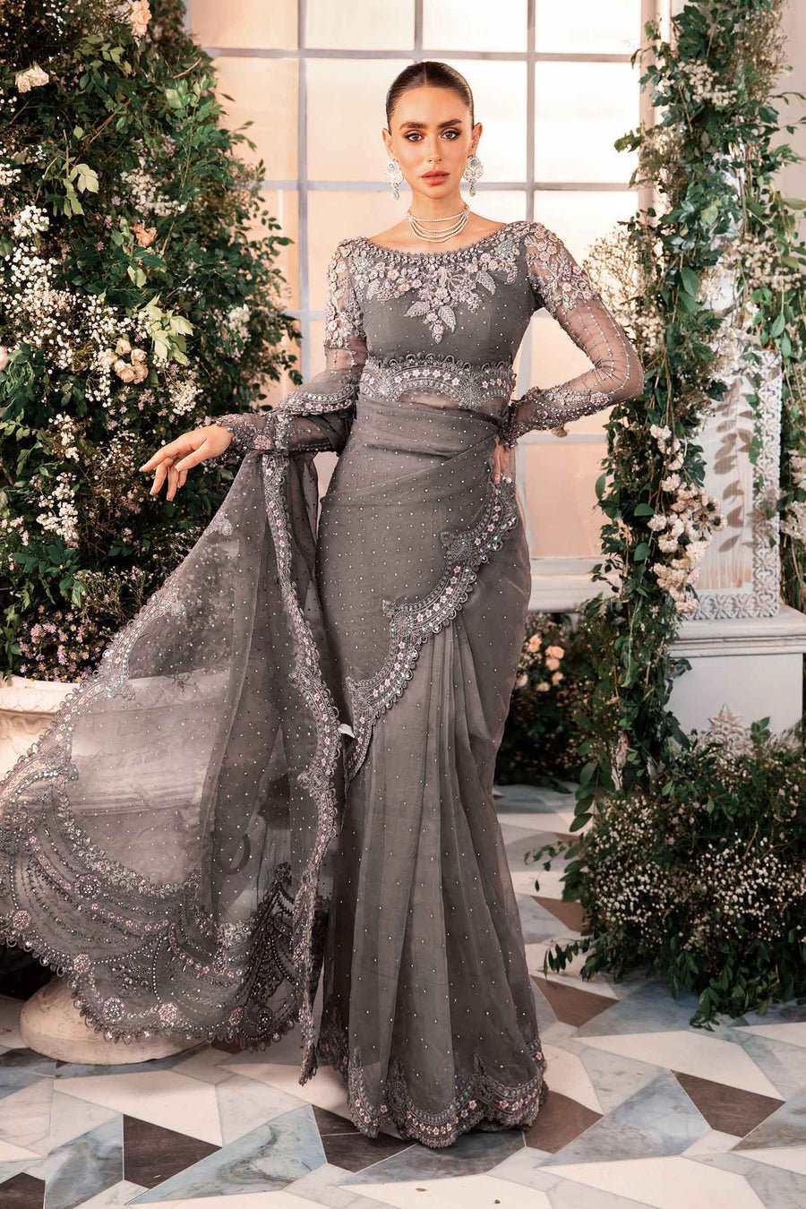 Maria B BD-2902 Hand Embellished Organza Party Wear Suit - Matching Bottom & Trouser Fabric Details | IQNAZ