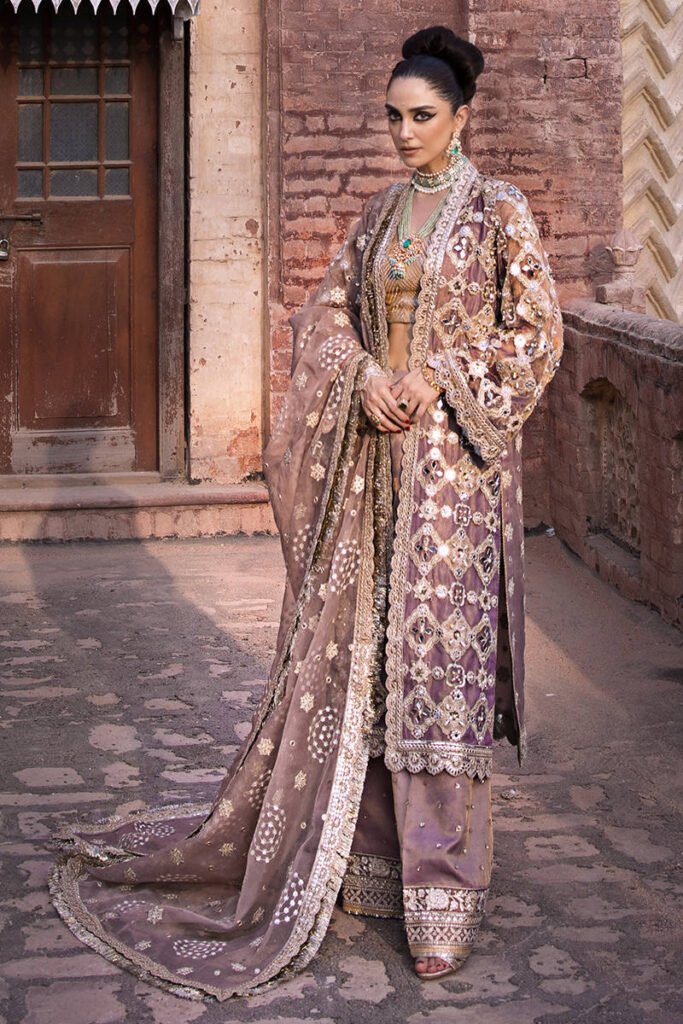 Mohsin Naveed Ranjha Talia Hand Embellished Organza Party Wear Suit - Model Front Look | Pakistani Designer Replica Wholesale | IQNAZ