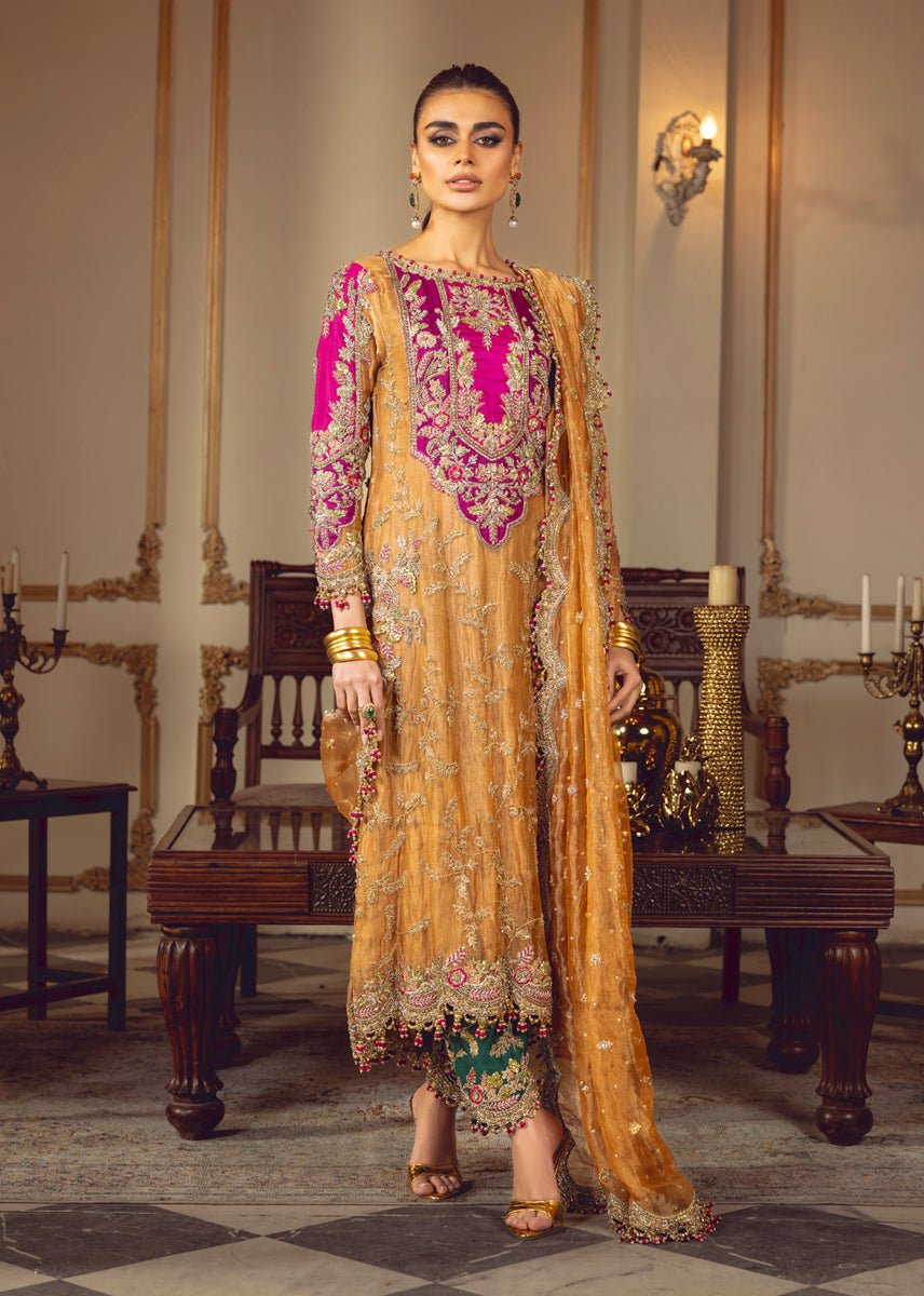 Sara Rohail Asghar Embroidered Silk Party Wear Suit - Model Front Look | Pakistani Designer Replica Wholesale | IQNAZ