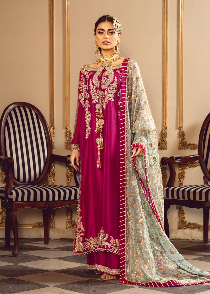Sara Rohail Asghar Embroidered Silk Party Wear Suit – Model Front View Sara Rohail Asghar Embroidered Silk Party Wear Suit - Model Front Look | Pakistani Designer Replica Wholesale | IQNAZ