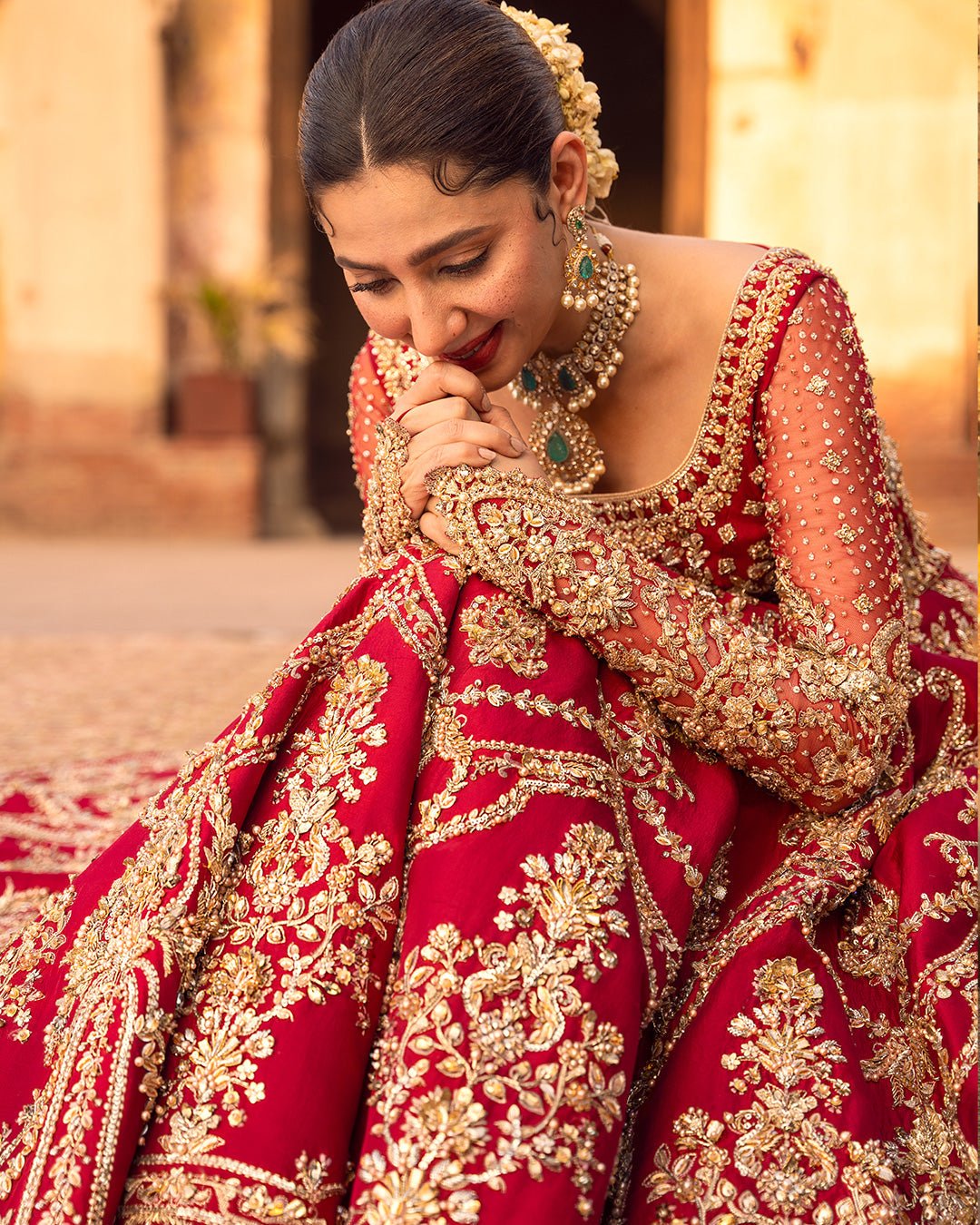 Faiza Saqlain Arusa Hand Embellished Raw Silk Bridal Lehenga – Photoshoot Angle 6 Faiza Saqlain Arusa Hand Embellished Raw Silk Bridal Lehenga - Designer Photoshoot Gallery Angle 6 | IQNAZ Couture