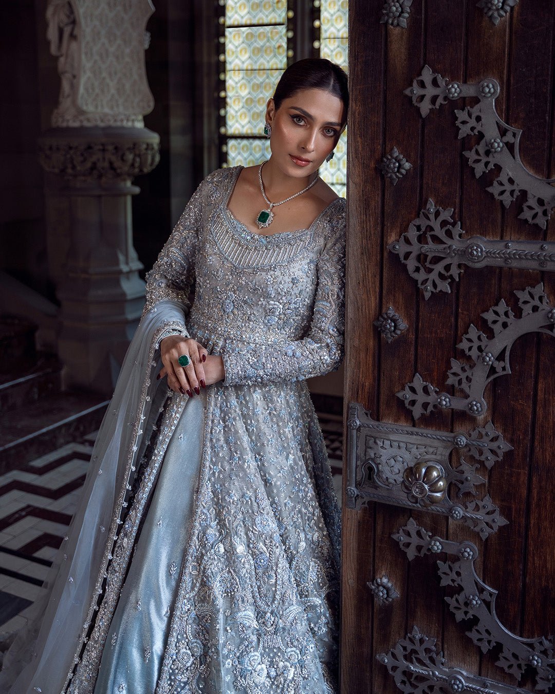 Faiza Saqlain Ayana Hand Embellished Organza Bridal Lehenga - Designer Photoshoot Gallery Angle 7 | IQNAZ Couture
