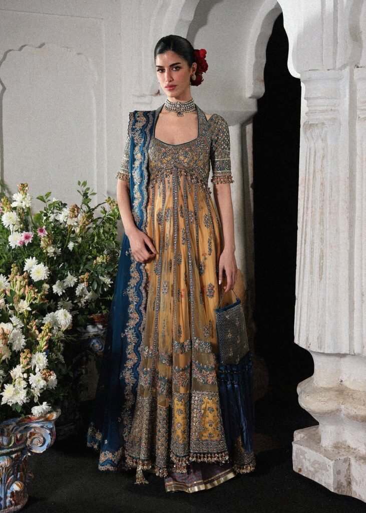 Hussain Rehar Hand Embellished Chiffon Party Wear Suit - Model Front Look | Pakistani Designer Replica Wholesale | IQNAZ