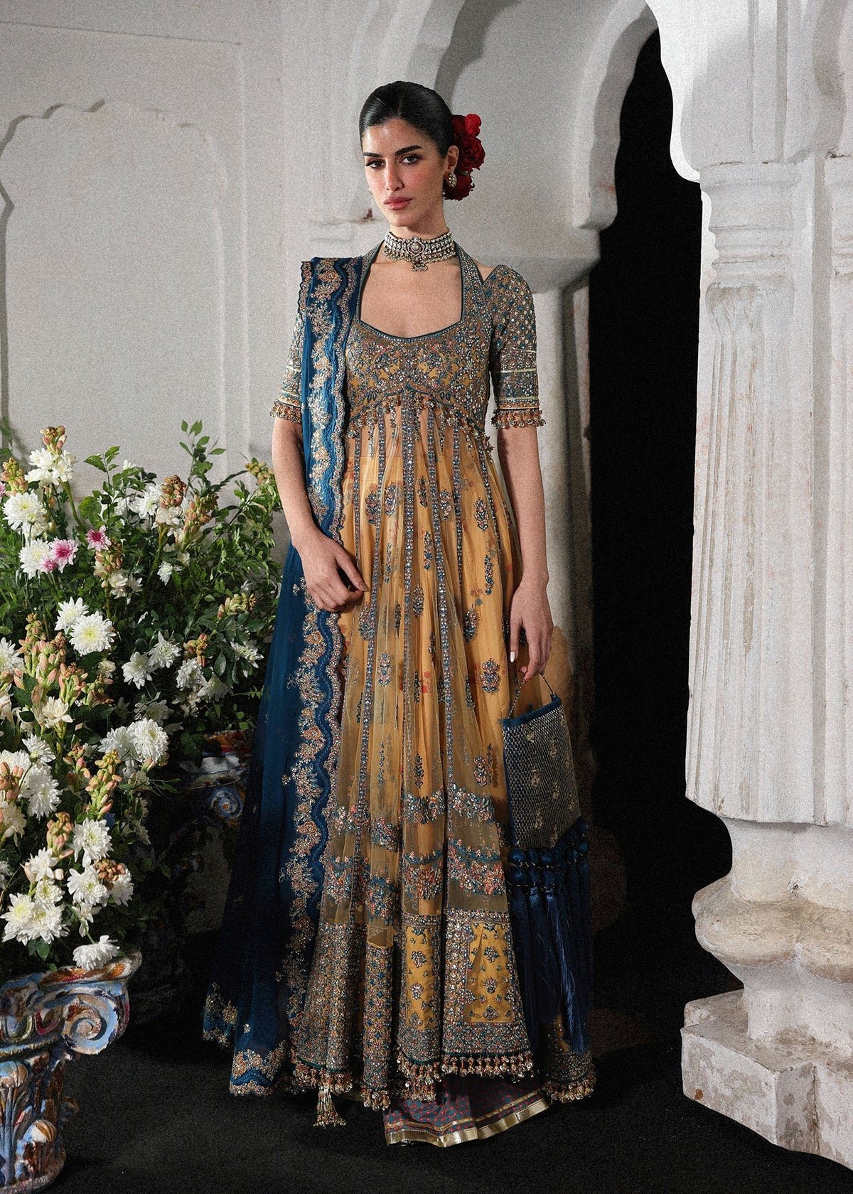 Hussain Rehar Hand Embellished Chiffon Party Wear Suit - Model Front Look | Pakistani Designer Replica Wholesale | IQNAZ