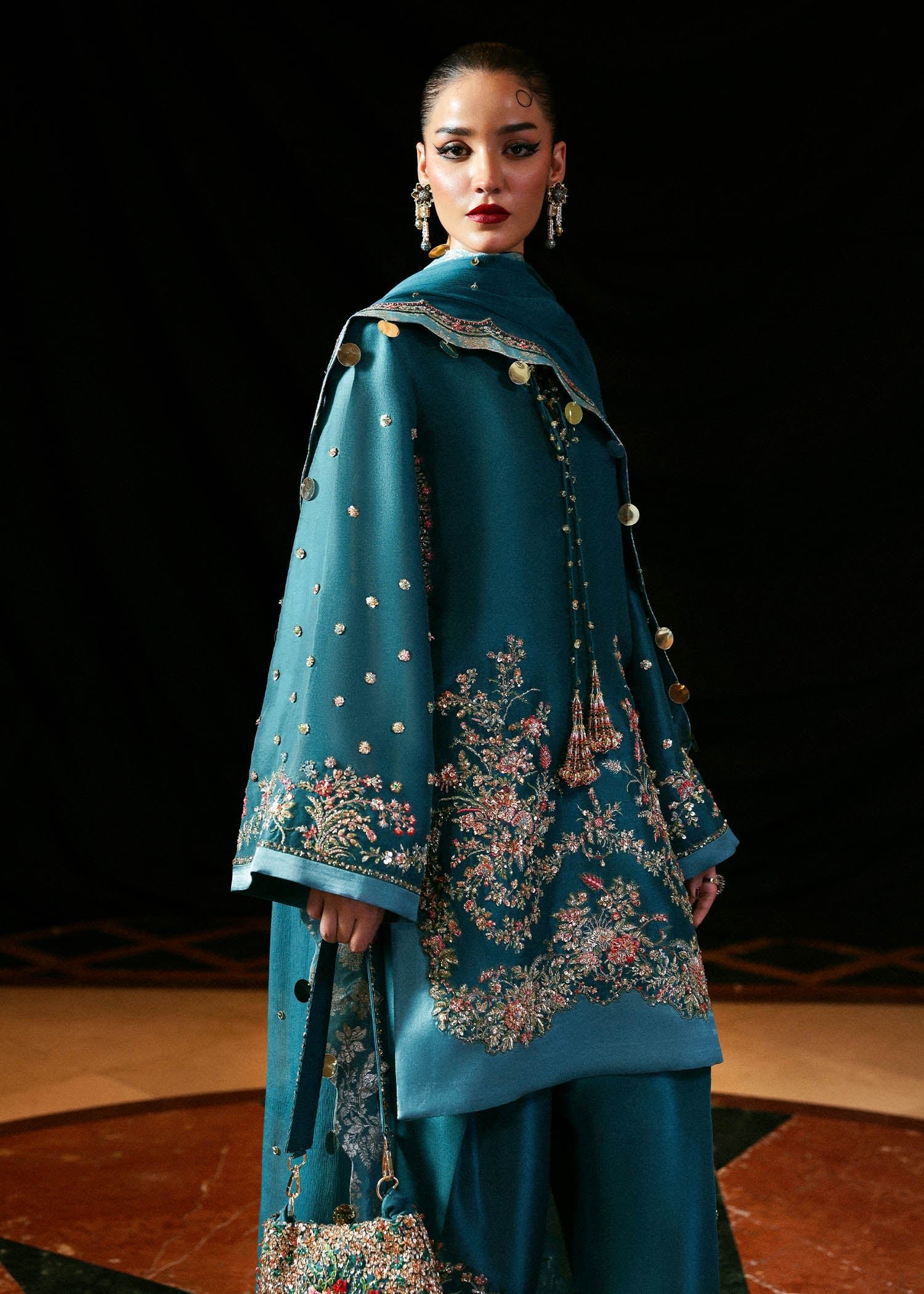 Hussain Rehar Embroidered Organza Party Wear Suit - Embroidered Back & Daman Silhouette Detailing | IQNAZ