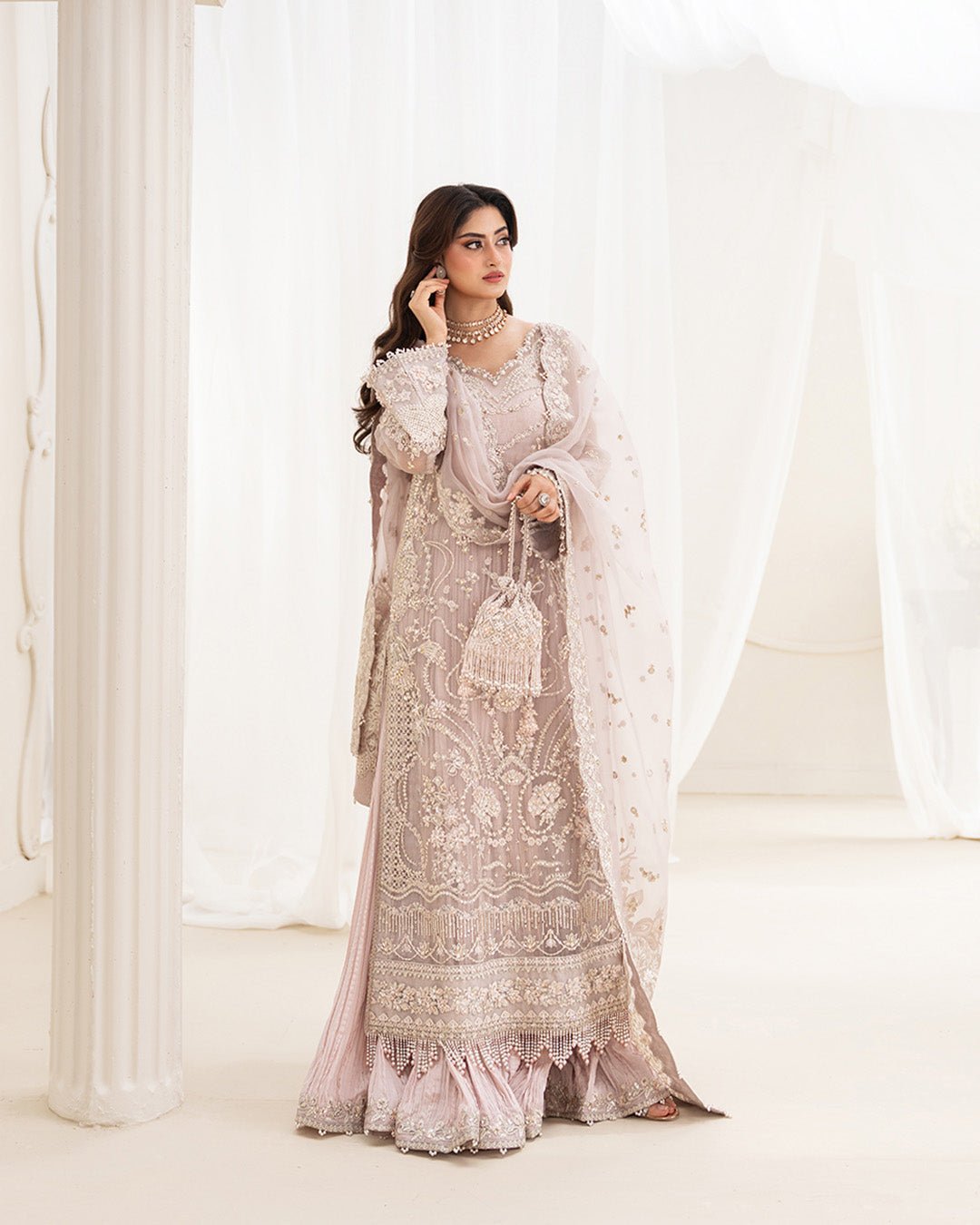 Faiza Saqlain Ela Hand Embellished Organza Party Wear Gharara – Dupatta & Border Detailing Faiza Saqlain Ela Hand Embellished Organza Party Wear Gharara - Four-Sided Embroidered Dupatta & Pallu Border | IQNAZ