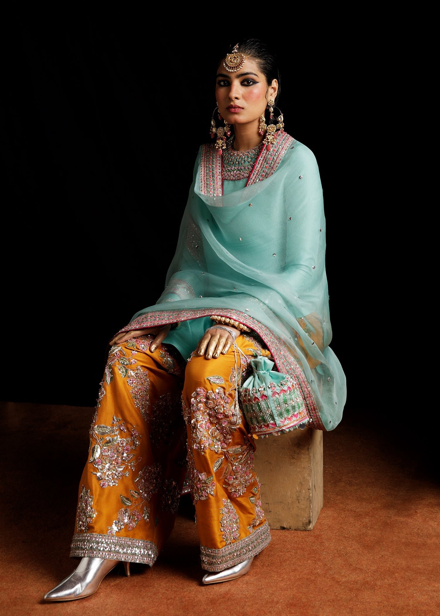 Hussain Rehar Hand Embellished Organza Party Wear Suit - Four-Sided Embroidered Dupatta & Pallu Border | IQNAZ