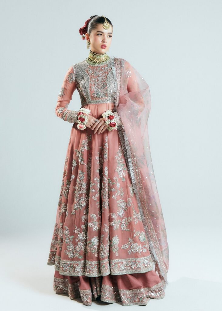 Hussain Rehar Tropica Hand Embellished Organza Party Wear Suit - Model Front Look | Pakistani Designer Replica Wholesale | IQNAZ
