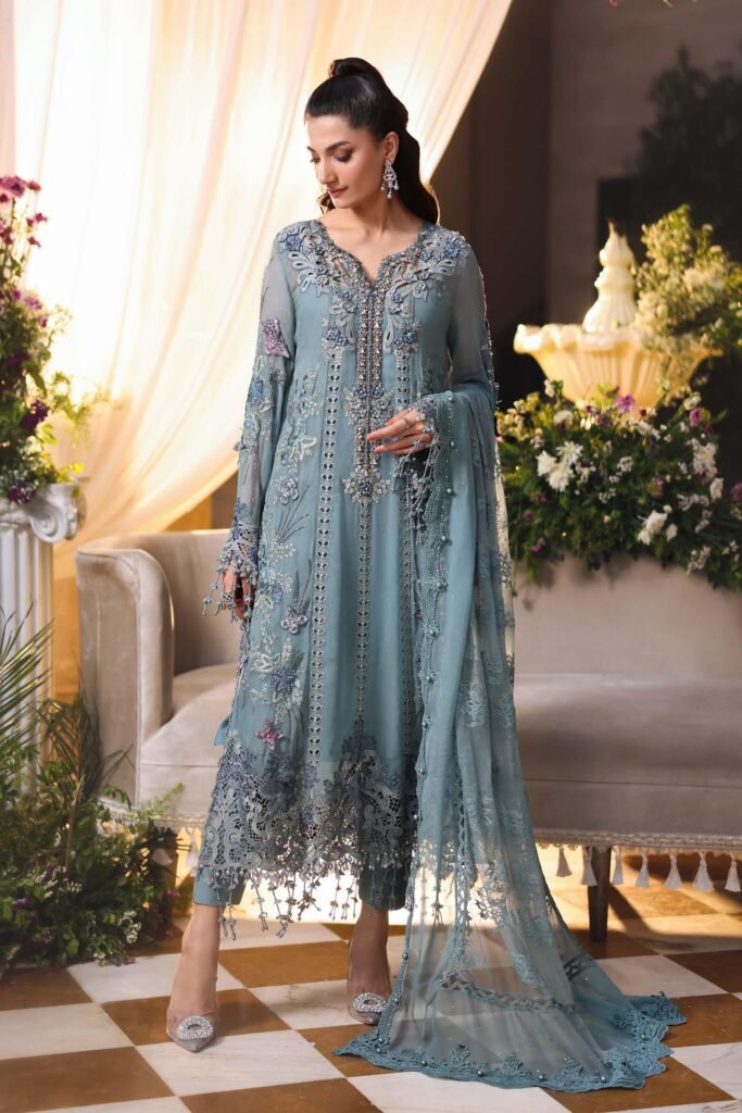 Maria B Embroidered Chiffon Party Wear Suit - Model Front Look | Pakistani Designer Replica Wholesale | IQNAZ