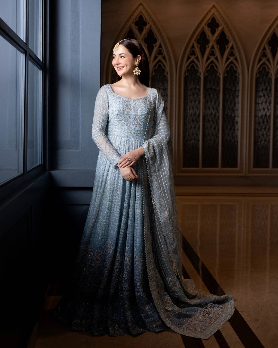 Faiza Saqlain Miyah Hand Embellished Organza Party Wear Suit - Matching Bottom & Trouser Fabric Details | IQNAZ