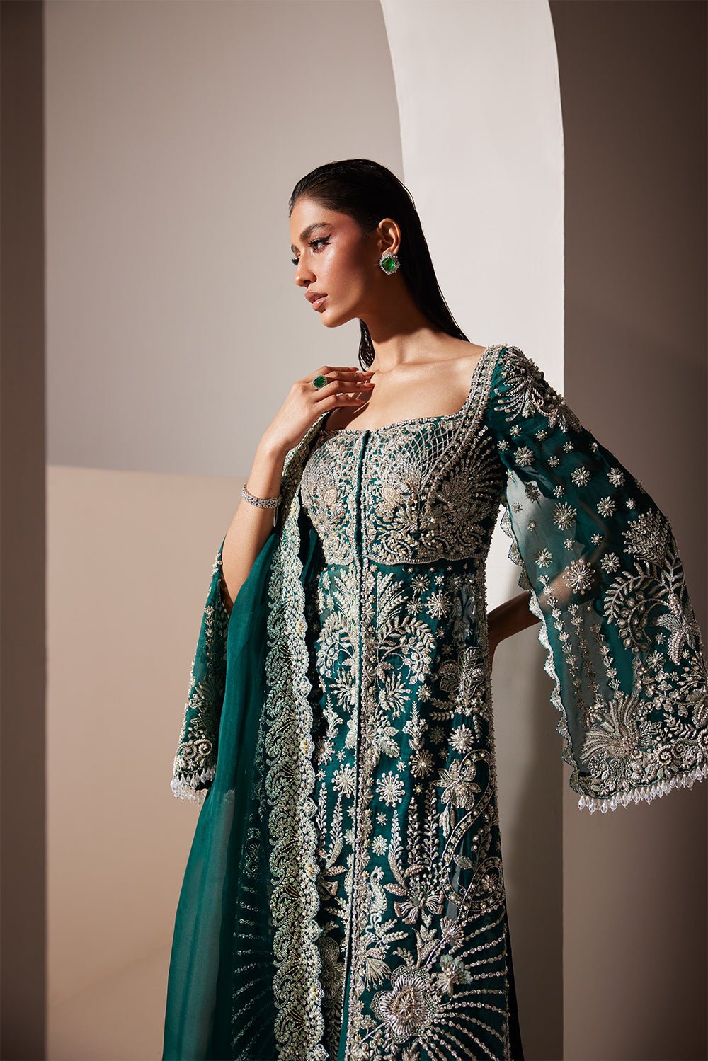 Soraya Luxe Embroidered Organza Party Wear Suit – Back View & Silhouette Soraya Luxe Embroidered Organza Party Wear Suit - Embroidered Back & Daman Silhouette Detailing | IQNAZ