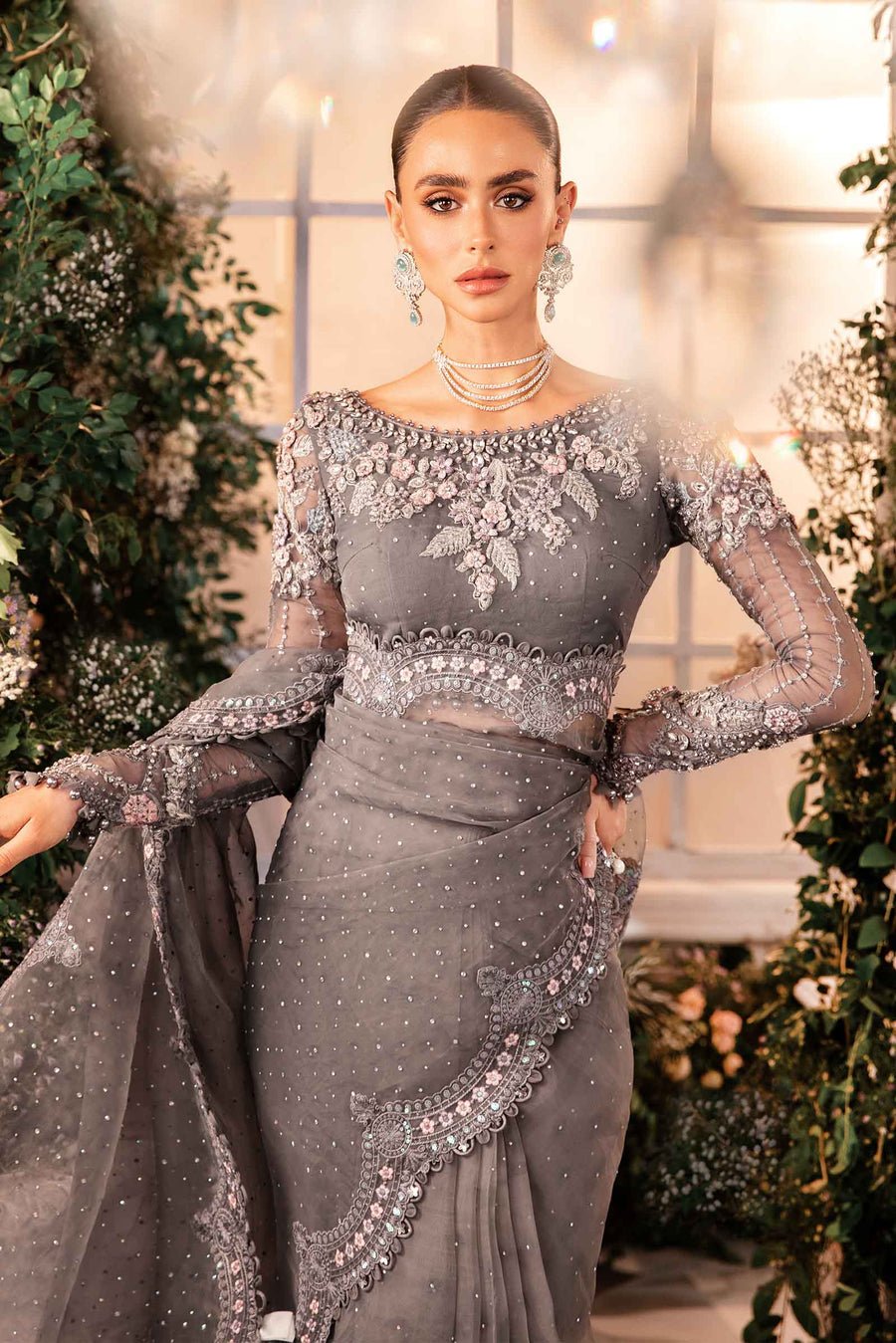 Maria B BD-2902 Hand Embellished Organza Party Wear Suit - Close-Up Hand Embellishment Tilla & Pearl Work | IQNAZ