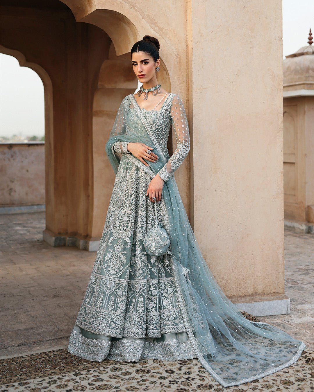 Faiza Saqlain Dorien Hand Embellished Net Bridal Lehenga - Four-Sided Embroidered Dupatta & Pallu Border | IQNAZ