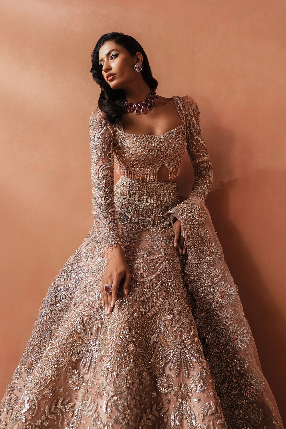 Soraya Catherine Hand Embellished Net Bridal Lehenga - Designer Photoshoot Gallery Angle 6 | IQNAZ Couture