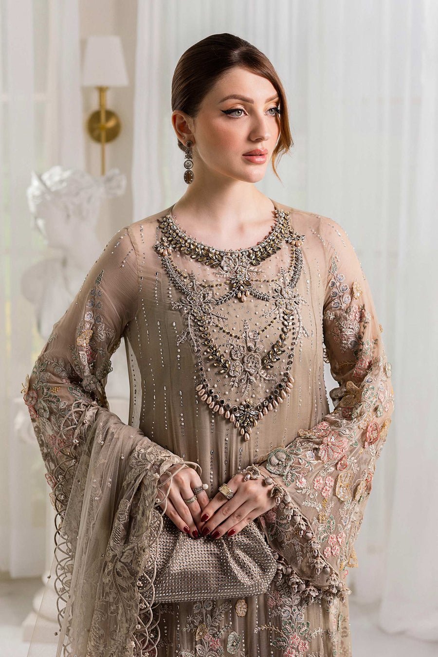 Maria B Embroidered Chiffon Party Wear Suit - Close-Up Hand Embellishment Tilla & Pearl Work | IQNAZ