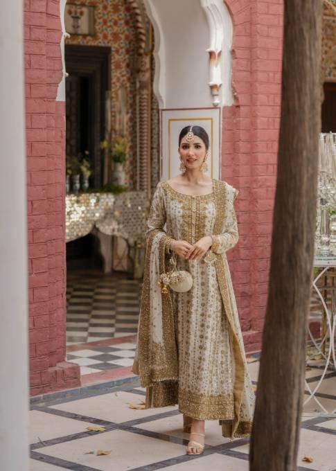Haris Shakeel Hand Embellished Chiffon Party Wear Suit - Embroidered Back & Daman Silhouette Detailing | IQNAZ