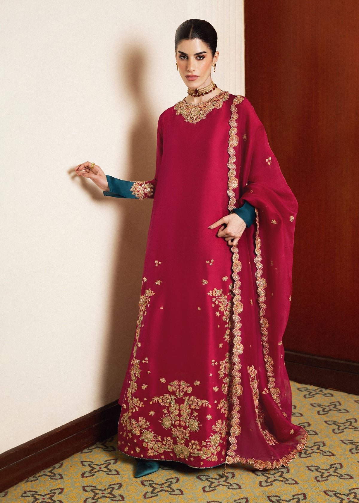Hussain Rehar Embroidered Organza Party Wear Suit - Four-Sided Embroidered Dupatta & Pallu Border | IQNAZ