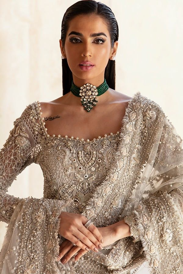 Soraya Opulent Hand Embellished Net Bridal Maxi - Close-Up Hand Embellishment Tilla & Pearl Work | IQNAZ