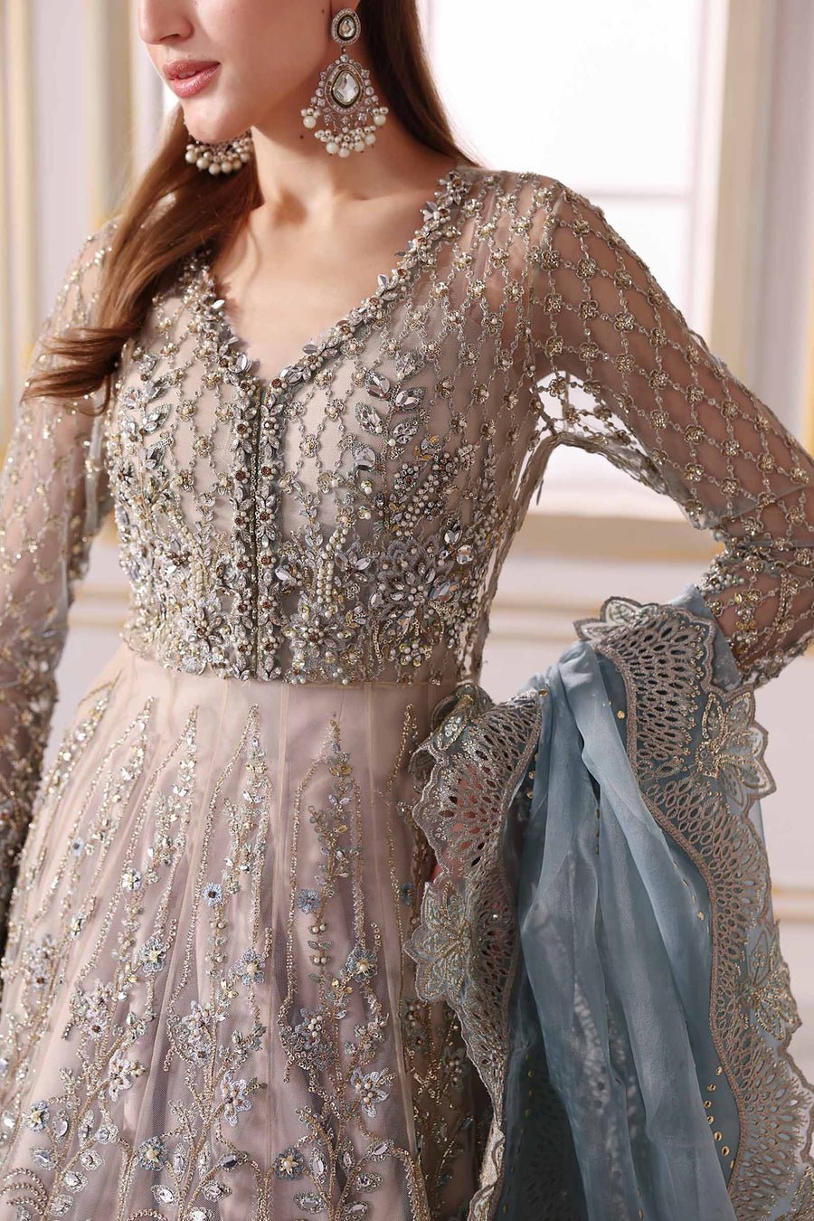Maria B BD-3002 Hand Embellished Net Flared Suit – Photoshoot Angle 10 Maria B BD-3002 Hand Embellished Net Flared Suit - Designer Photoshoot Gallery Angle 10 | IQNAZ Couture