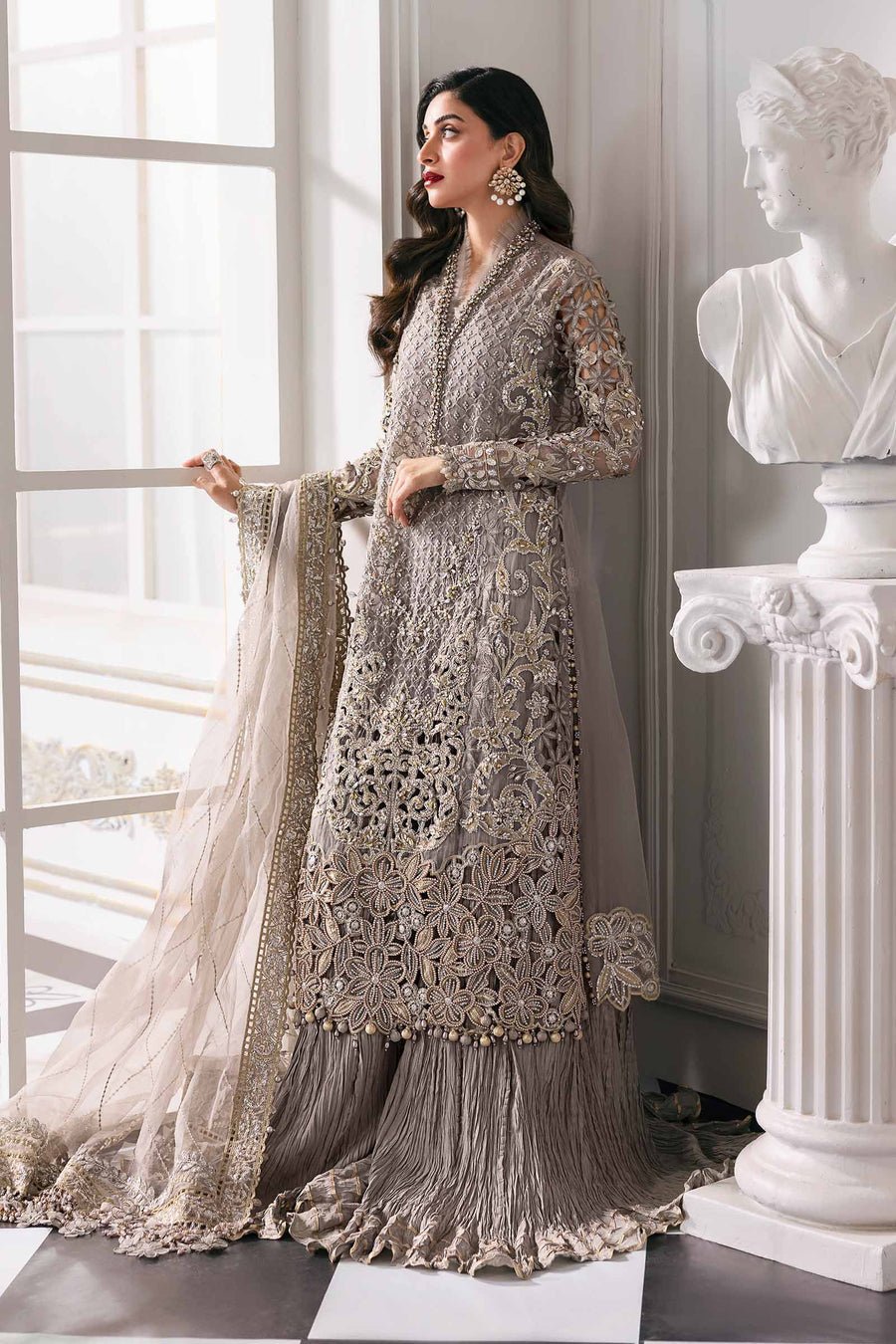 Maria B BD-3006 Hand Embellished Organza Party Wear Suit - Embroidered Back & Daman Silhouette Detailing | IQNAZ