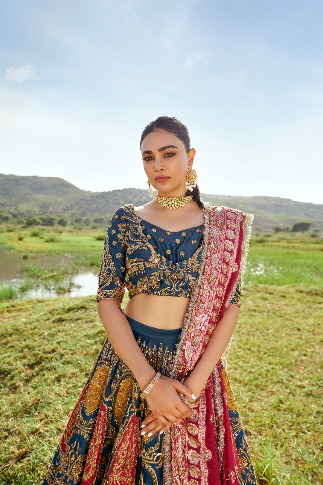 Ahmad Sultan Suraz Hand Embellished Organza Bridal Lehenga - Designer Photoshoot Gallery Angle 6 | IQNAZ Couture