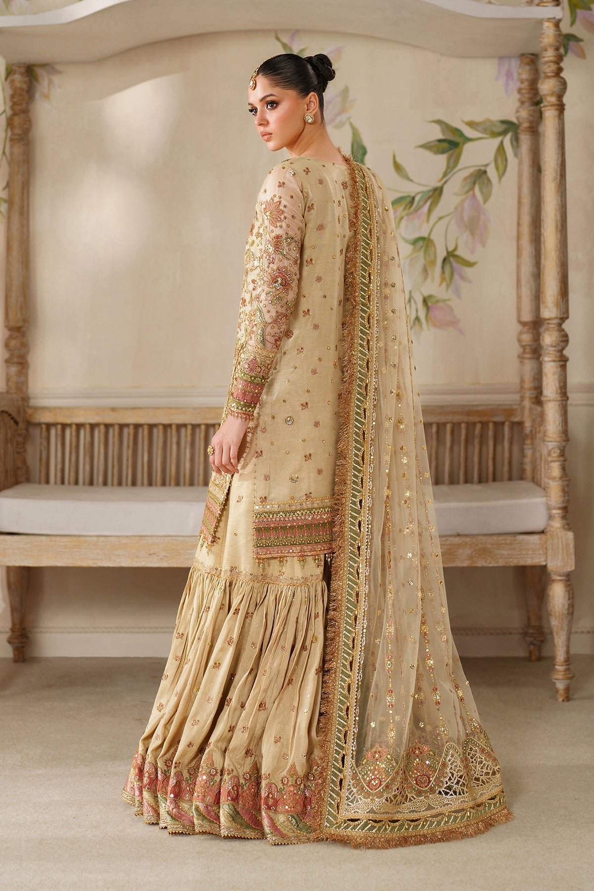 Baroque Luxury Embroidered Organza Party Wear Suit - Close-Up Hand Embellishment Tilla & Pearl Work | IQNAZ