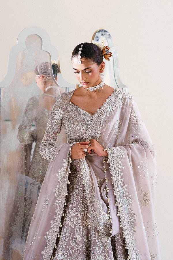 Suffuse Iris Couture Ayat Hand Embellished Organza Party Wear Suit - Close-Up Hand Embellishment Tilla & Pearl Work | IQNAZ