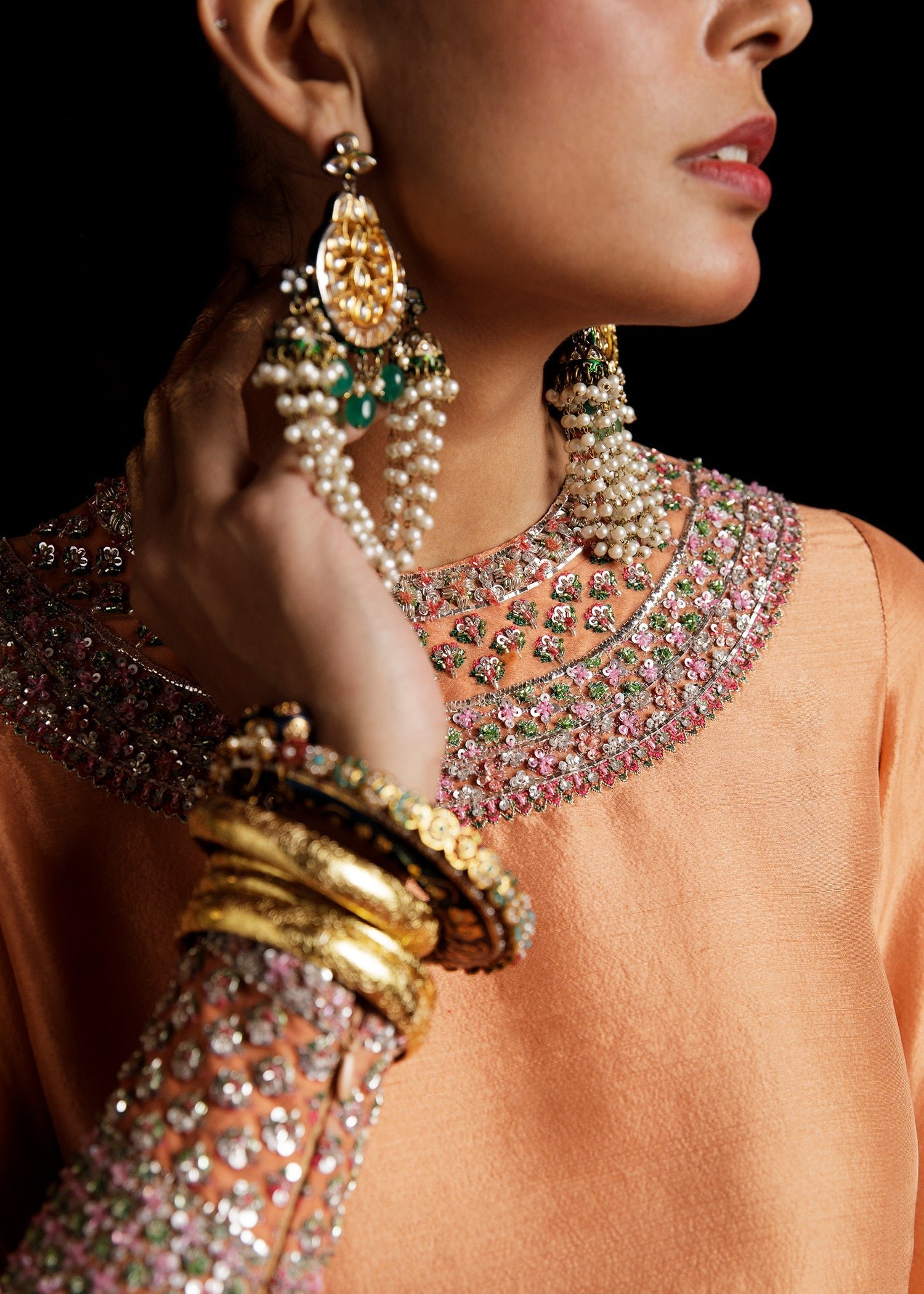 Hussain Rehar Hand Embellished Organza Party Wear Suit - Close-Up Hand Embellishment Tilla & Pearl Work | IQNAZ