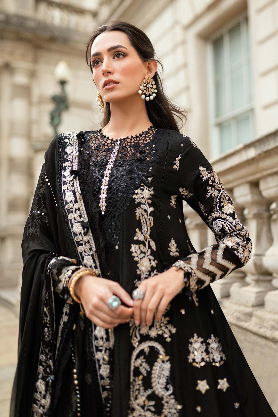 Maria B Embroidered Silk Party Wear Suit - Close-Up Hand Embellishment Tilla & Pearl Work | IQNAZ