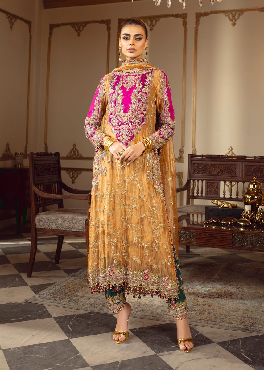 Sara Rohail Asghar Embroidered Silk Party Wear Suit - Close-Up Hand Embellishment Tilla & Pearl Work | IQNAZ