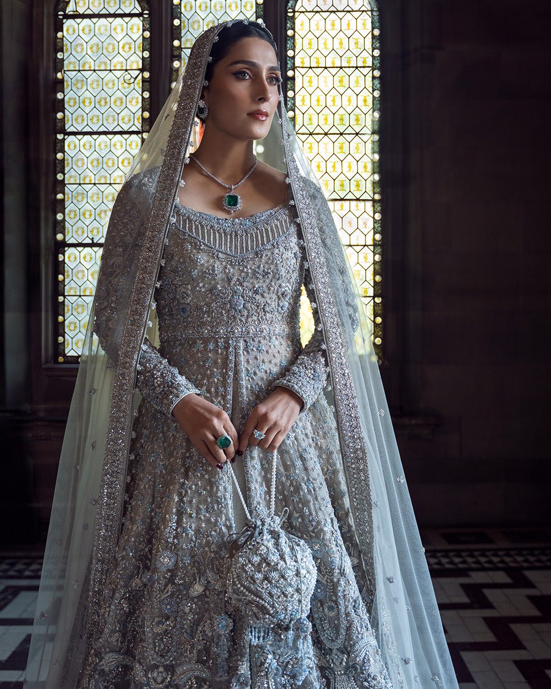 Faiza Saqlain Ayana Hand Embellished Organza Bridal Lehenga - Embroidered Back & Daman Silhouette Detailing | IQNAZ